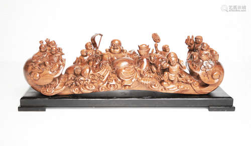 [Chinese] A Huanghuali Ruyi Ornament Carved with Laughing Buddha and Playing Children