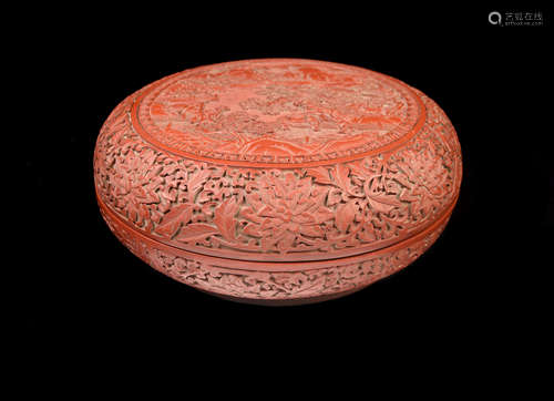 [Chinese] A Cinnabar Lacquered Wood Round Box Carved with Landscape and Interlocking Flowers