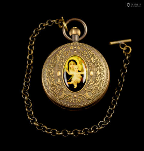 An Old Vintage Bronze 3 Clock Pocket Watch Case Studded with Maria's Picture, with Moon/Sun, marked 