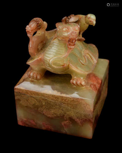 An Old Xiuyan Jade Seal with Xuanwu and Phoenix