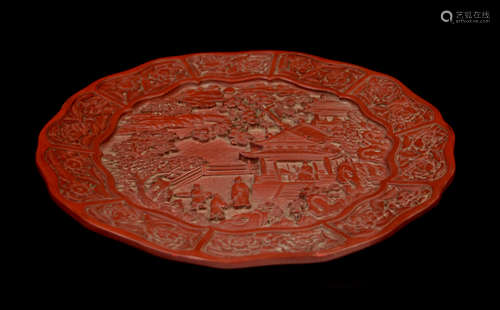 [Chinese] A Cinnabar Lacquered Decorative Plate Carved with Landscape