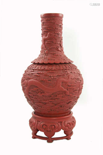 An Old Chinese Cinnabar Lacquered Porcelain Vase 