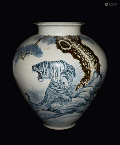 A Chinese Porcelain Urn Painted with Tiger and Pine, marked 