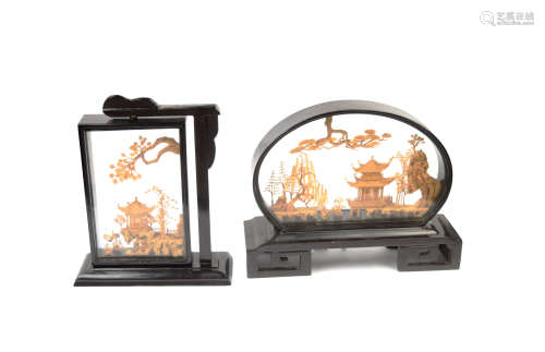 A Pair of Finely Wood Carving Landscape in Frame