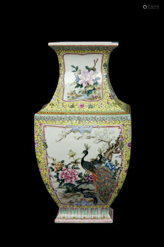 Chinese Yellow Grounded Famille Rose Square Vase with Interlocking Florals and Windows Painted with Flowers and Birds, marked as 