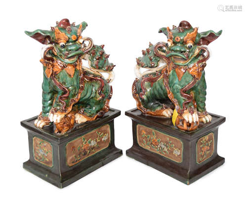 [Chinese] A Pair Guangdong Shiwan Pottery Statues of a Lion Couple