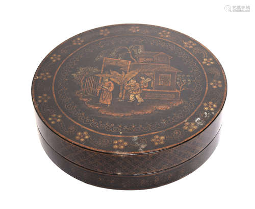 [Chinese] An Old Black Lacquered Round Box with Painted with Gold Story Portraits and Flowers