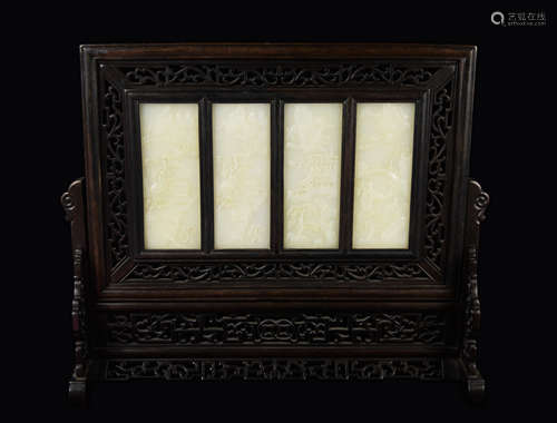 A Chinese Old Hardwood Table Screen Inlaid with White Jade with Landscape Relief