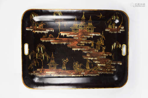 A Large Asian Black Lacquered Bronze Tray with Landscape