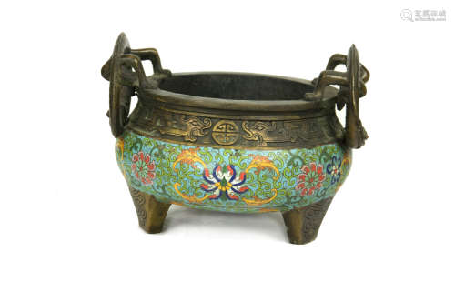 19th Century Small Cloissone Enamel Incense Burner with Intertwined Florals and Dragon Ears, marked as 