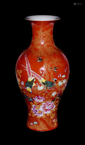 Chinese Coral Red Grounded Famille Rose Porcelain Wide Vase Painted with Pheasants and Peony, marked as 