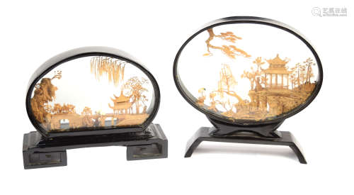 A Pair of Finely Wood Carving Landscape in Frame