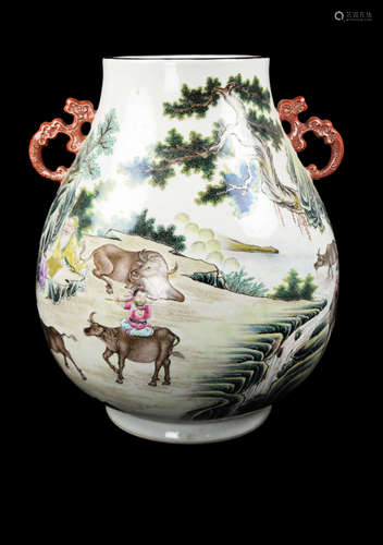 A Chinese Famille Rose Porcelain Vase with Portrait of Herding Boys and Cows