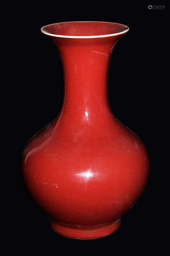 An Old Red Glazed Long Neck Porcelain Vase, marked 