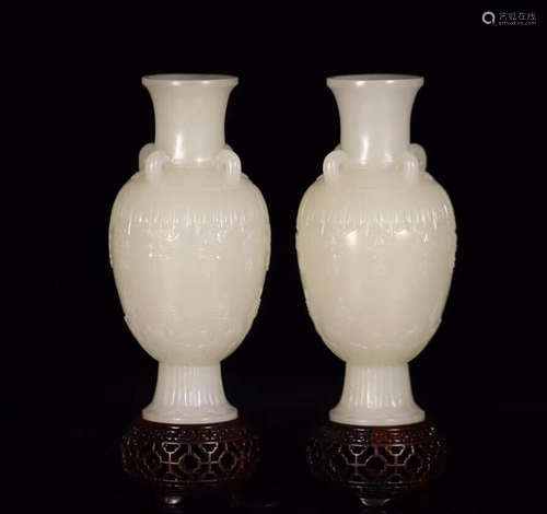 PAIR OF HETIAN JADE CARVED FOUR EARS VASES