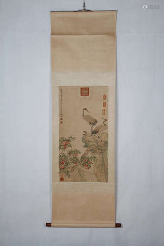 A CRANE AND PEACHES CHINESE PAINTINGS