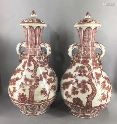 PAIR OF RED UNDERGLAZED PAIR-EAR HANDLES VASES