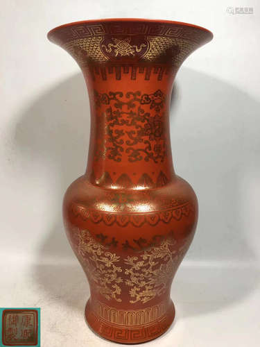 PAIR OF KANGXI MARK IRON-RED GU VASE