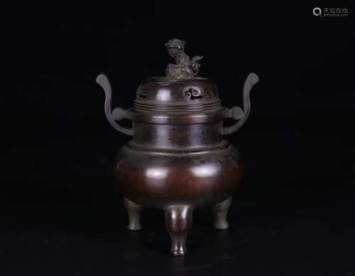 A BRONZE MOLDED TRIPOD CENSER WITH MARK