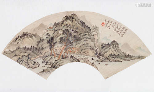 FAN-SHAPED LANDSCAPE PAINTING SIGNED WU, QINMU