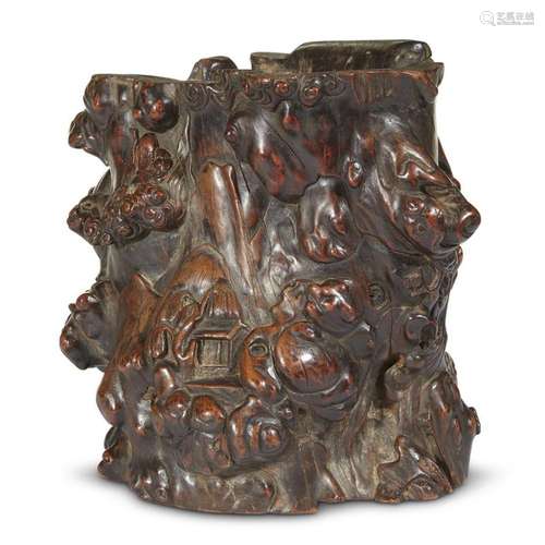 An unusual Chinese carved burl wood brushpot, possibly 