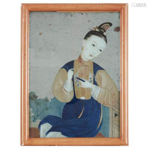 A Chinese export eglomise painting, depicting a seated meiren, 3/4 length, 18th/early 19th century