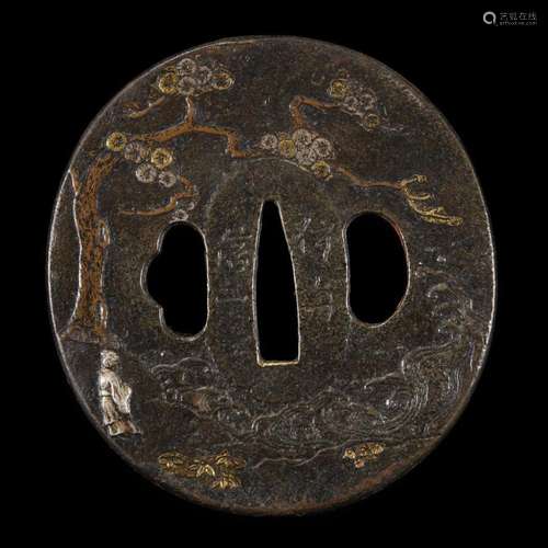 A Japanese lacquered, patinated and mixed metal copper alloy tsuba,