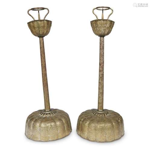 Pair of Japanese gilt copper repousse tall candlesticks, edo period, circa 1800