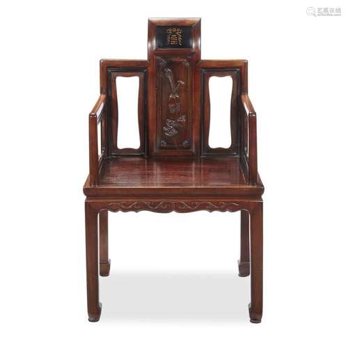 A Chinese inlaid and carved hardwood armchair,