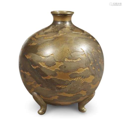 A Japanese finely-etched and patinated bronze globular 