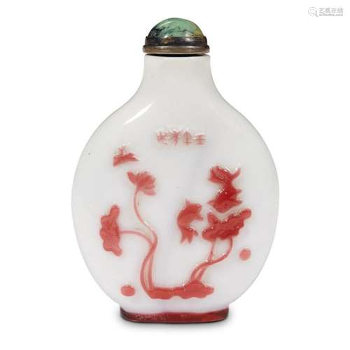 A Chinese Yangzhou school red overlay on opaque white snuff bottle,