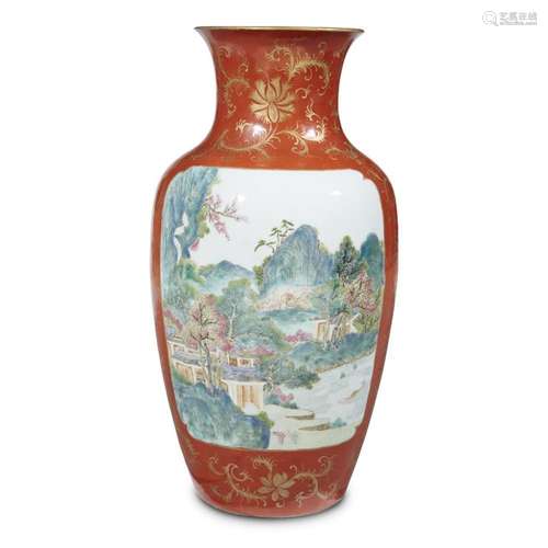 A Chinese famille rose-decorated porcelain coral ground vase, qianlong mark 19th/early 20th century