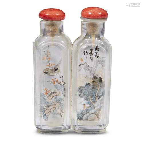 An unsual interior-painted glass double snuff bottle, dated to the bingchen year