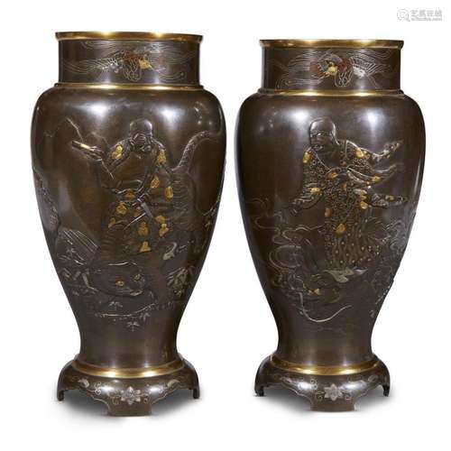 A pair of Japanese mixed-metal patinated bronze vases, meiji period