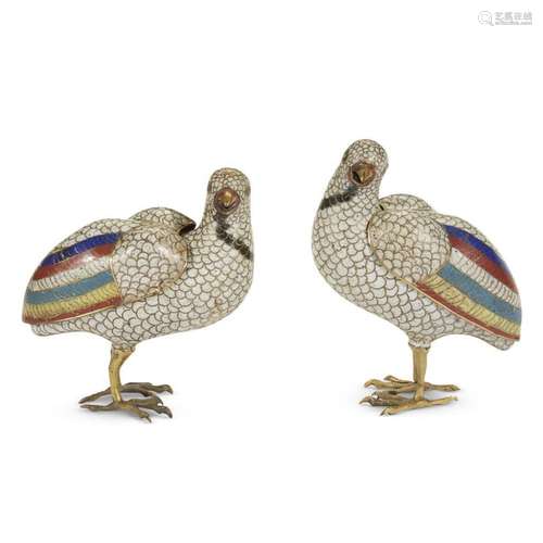 Pair of Chinese cloisonné quail-form censers and covers, qing dynasty