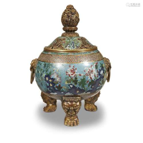 A large Chinese cloisonné and parcel gilt spherical censer and cover, qianlong mark