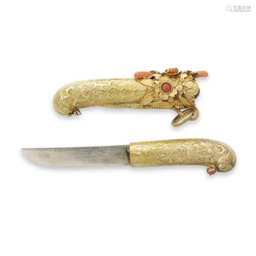 A small Korean silver-gilt and coral knife and sheath,