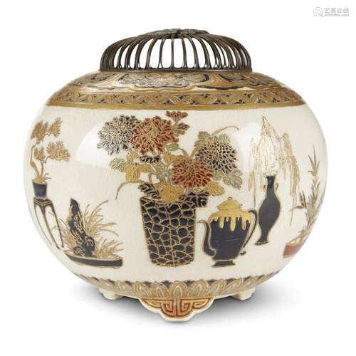 A Satsuma enameled pottery globular censer with wirework cover, meiji period, last quarter 19th century