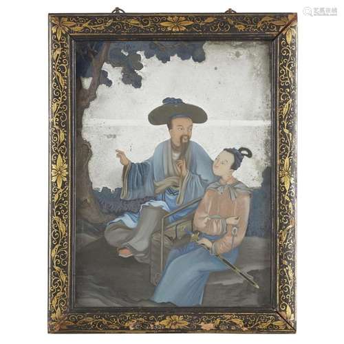 A Chinese export eglomise painting depicted a seated male and meiren with sword, late 18th century