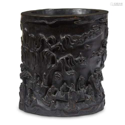 A well-carved Chinese hardwood brushpot,