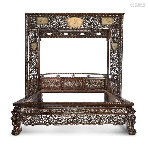 A Chinese marble and mother of pearl-inlaid hardwood bed, late qing dynasty