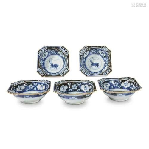 A set of five blue and white porcelain shaped dishes, wanli six-character mark and possibly of the period