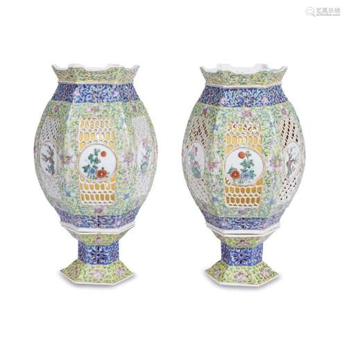 Pair of Chinese reticulated famille-rose decorated porcelain lamps,