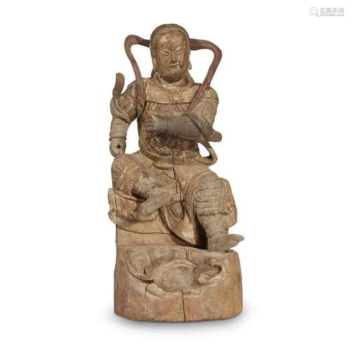 A Chinese carved and painted wood figure of Zhenwu, ming dynasty with later addtions