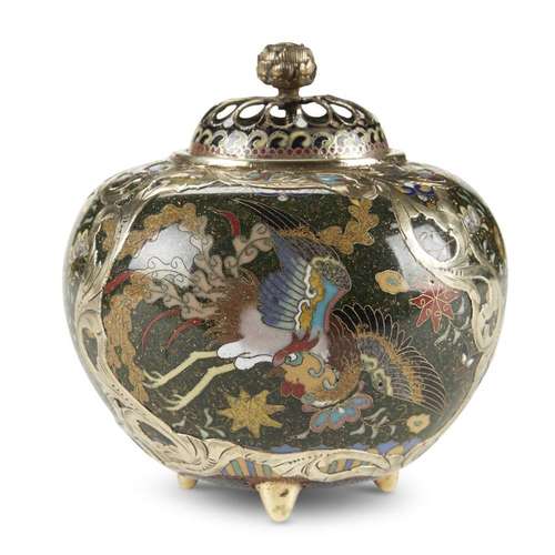 A Japanese cloisonné globular censer and cover with silver overlay, meiji period, circa 1880-1885