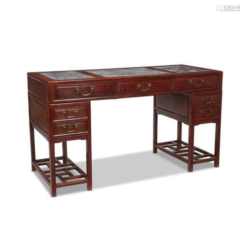 A Chinese marble-inlaid hardwood desk,