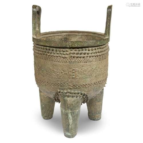 An unusual and large Chinese archaistic bronze tripod vessel, Ding, song to yuan dynasty