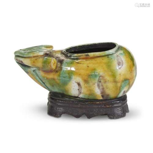 A Chinese sancai-glazed gourd-form water coupe on integral stand, ming/early qing dynasty