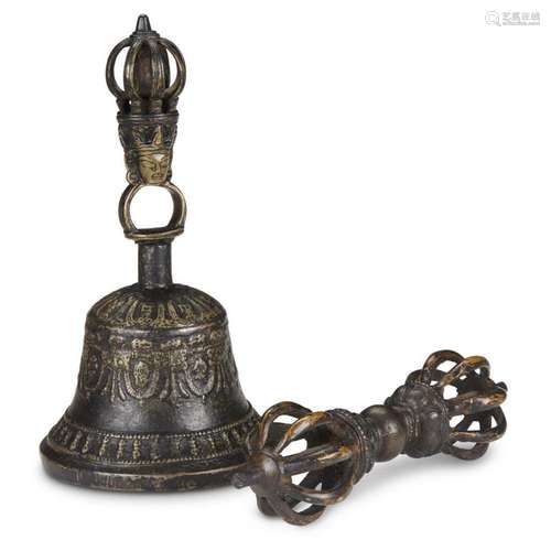 A Tibetan copper alloy ghanta and a vajra,