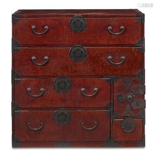 A Japanese iron-mounted figured and stained wood tansu, edo/ meiji period, 19th century